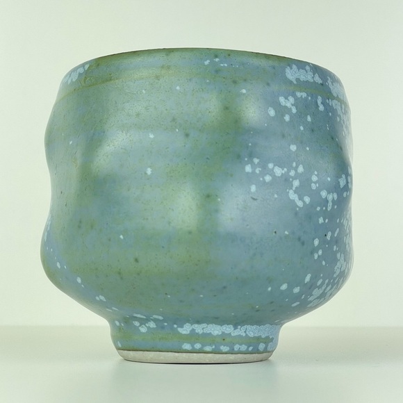 Organic Shape Freeform Pottery Cup Vase Artist Stamped H Blue Green Pedestal Bud - Picture 7 of 16